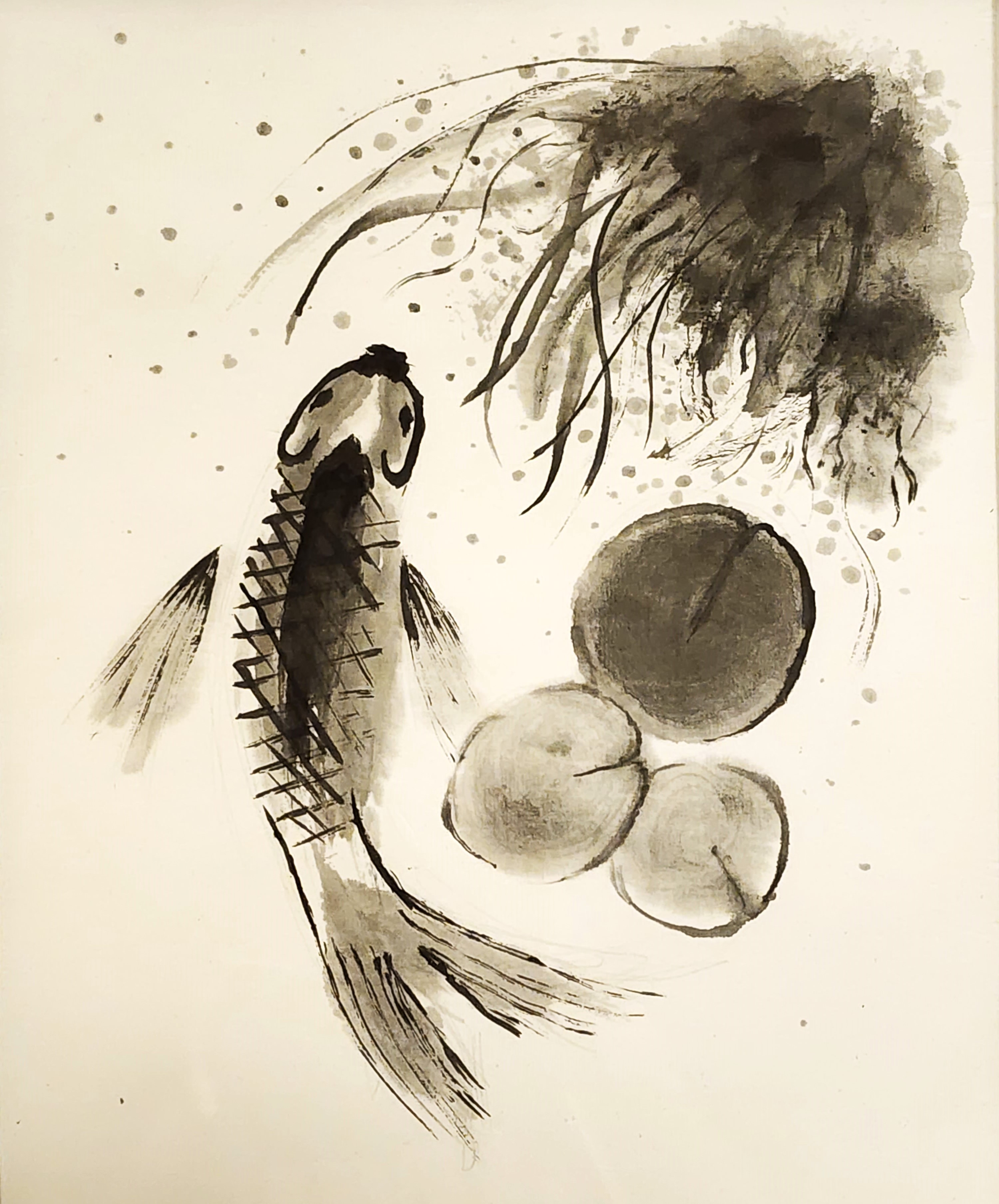 Koi Hidden in the Lillies | Ink Wash Painting